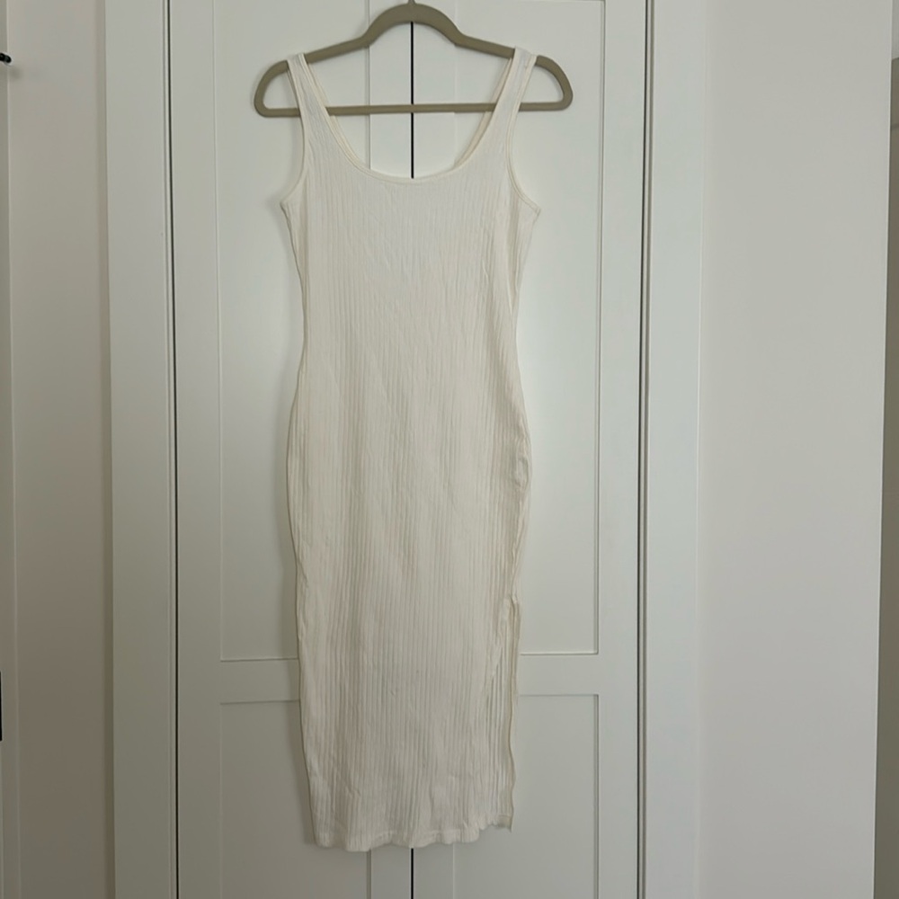 Off white cotton ribbed midi dress